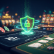 A secure online casino dashboard with a glowing digital shield and padlock icon, representing a decade of trusted operation and advanced data protection against new casino sites.
