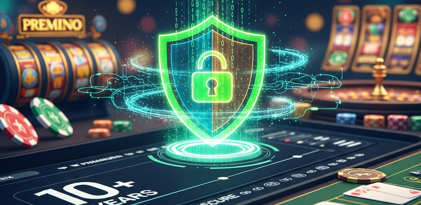 A secure online casino dashboard with a glowing digital shield and padlock icon, representing a decade of trusted operation and advanced data protection against new casino sites.