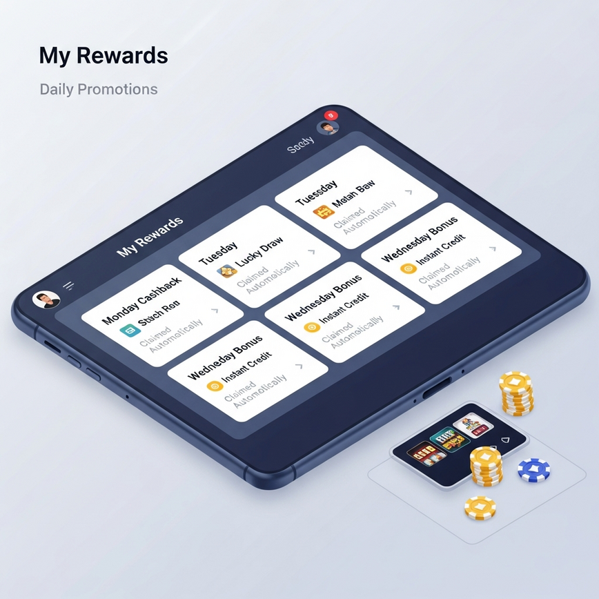 Visualizes the 'Daily Rewards Calendar Overview' table and the 'How to Claim Daily Promotions' section, emphasizing the automated, transparent, and easy-to-understand nature of the rewards system.