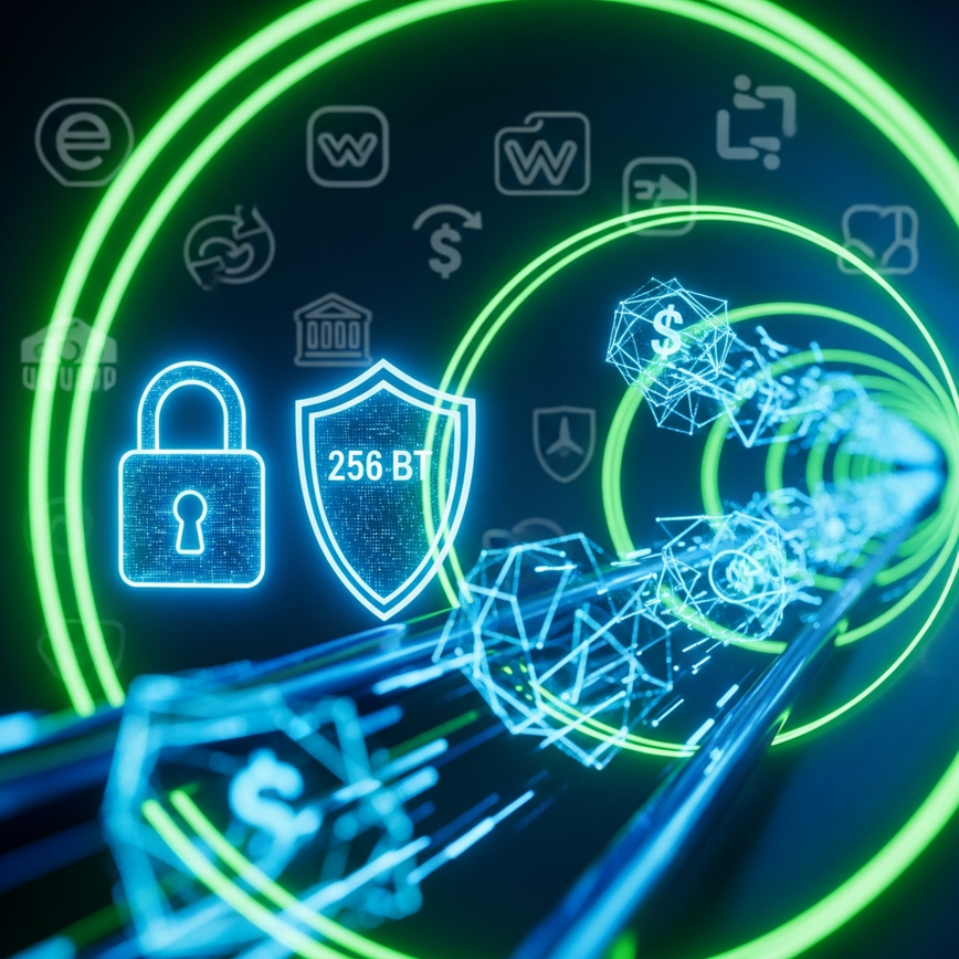 Visualizes bank-grade encryption and secure data protection, emphasizing the robust security protocols for personal and financial data.