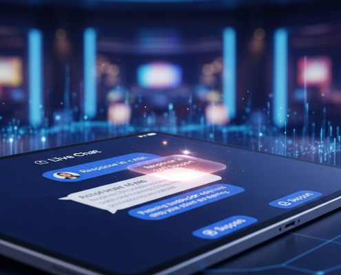 Modern online casino live chat interface on a tablet screen, displaying a quick response time and 24/7 support, set against a luxurious blurred digital casino lobby background.