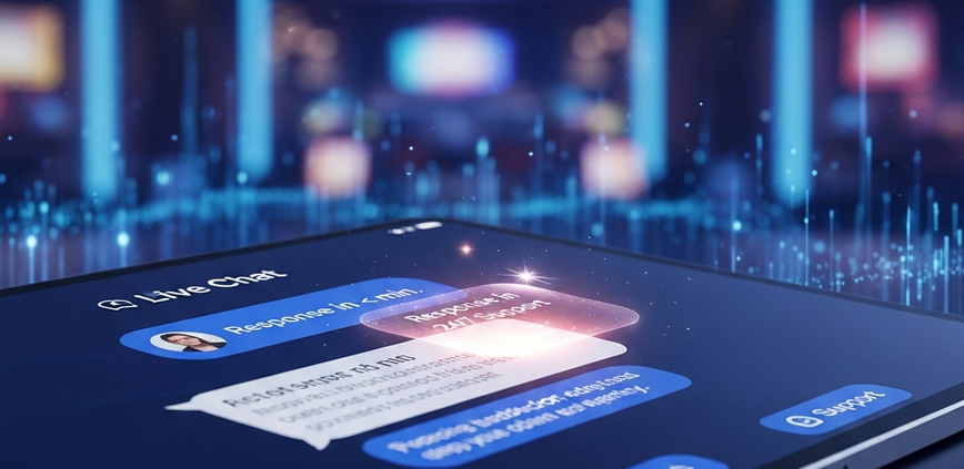 Modern online casino live chat interface on a tablet screen, displaying a quick response time and 24/7 support, set against a luxurious blurred digital casino lobby background.