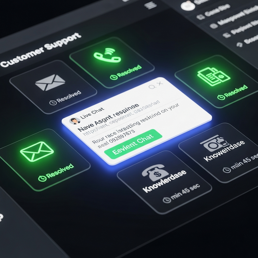 Illustrates fast response times across multiple customer support channels like live chat, email, and phone, aligning with the article's 'Response Time Benchmarks' section.
