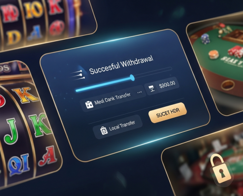 Sleek online casino dashboard with a 'Successful Withdrawal' notification, generic local bank icons, and glimpses of slot reels and a live dealer table, symbolizing trust and efficiency.