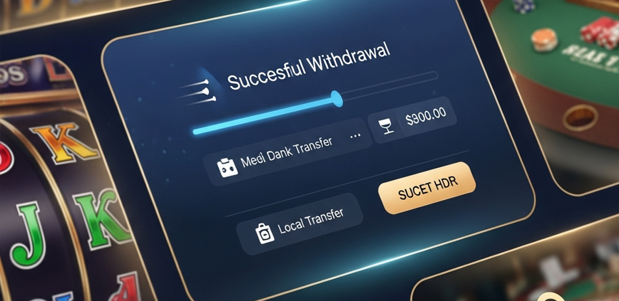 Sleek online casino dashboard with a 'Successful Withdrawal' notification, generic local bank icons, and glimpses of slot reels and a live dealer table, symbolizing trust and efficiency.