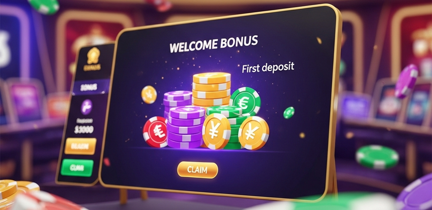 Premium online casino interface showcasing a vibrant welcome bonus offer with stacked chips and glowing bonus symbols, set in a luxurious digital lobby.