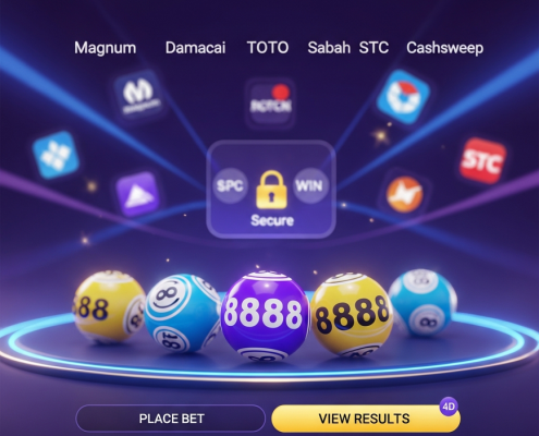 Vibrant online 4D lottery platform interface displaying glowing winning numbers, with abstract representations of multiple providers integrated into a single secure system, hinting at a comprehensive Malaysian lottery experience.