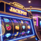 Vibrant classic online slot machine interface displaying a 'JACKPOT' win with glowing fruit and diamond symbols, set in a luxurious, neon-lit online casino lobby, representing high payouts and fair play.