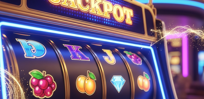 Vibrant classic online slot machine interface displaying a 'JACKPOT' win with glowing fruit and diamond symbols, set in a luxurious, neon-lit online casino lobby, representing high payouts and fair play.