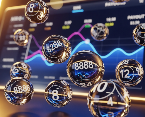 Dynamic visual representing 4D lottery, with glossy numbered balls and a glowing digital interface showing abstract odds and payout data, set in a luxurious high-tech environment.