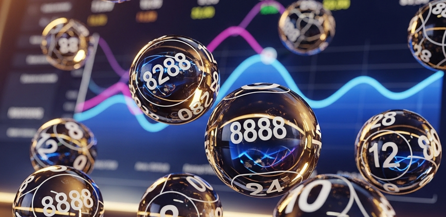 Dynamic visual representing 4D lottery, with glossy numbered balls and a glowing digital interface showing abstract odds and payout data, set in a luxurious high-tech environment.