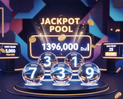 Vibrant 4D online lottery interface showing winning numbers, a rapidly increasing digital jackpot pool display, and golden coin animations, set against a luxurious, futuristic casino background.