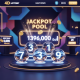 Vibrant 4D online lottery interface showing winning numbers, a rapidly increasing digital jackpot pool display, and golden coin animations, set against a luxurious, futuristic casino background.