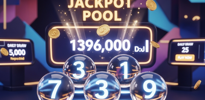Vibrant 4D online lottery interface showing winning numbers, a rapidly increasing digital jackpot pool display, and golden coin animations, set against a luxurious, futuristic casino background.