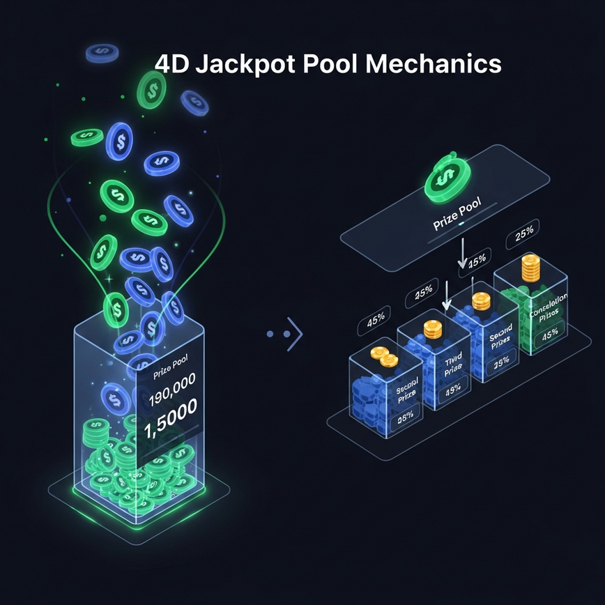 Illustrates the concept of 4D jackpot pool accumulation and distribution, showing how individual bets contribute to a larger prize and are then allocated across tiers.