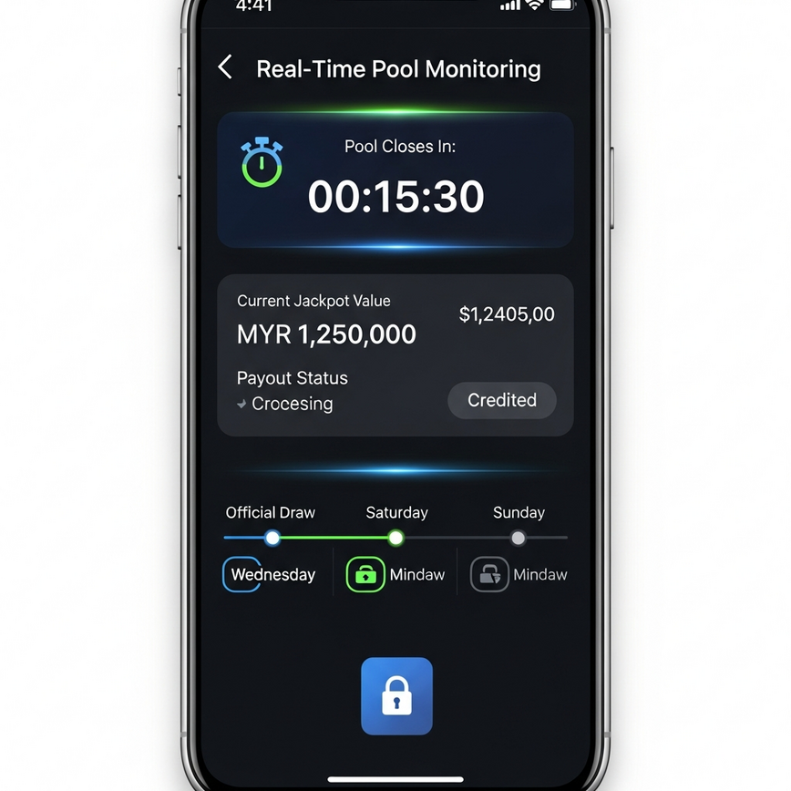 Visualizes the real-time pool monitoring and payout schedule, emphasizing transparency and timely processing for 4D lottery players.