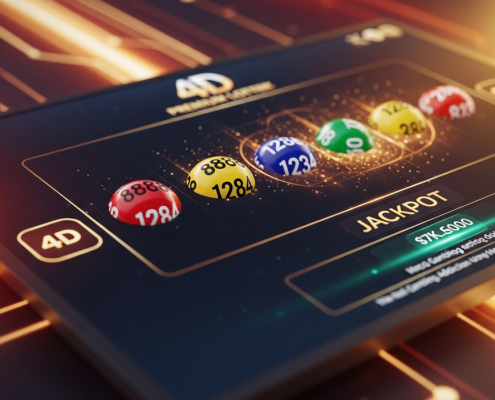 Vibrant digital interface of an online 4D lottery game in Malaysia, showing winning four-digit numbers and a jackpot indicator, set against a luxurious, high-tech background.