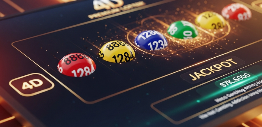 Vibrant digital interface of an online 4D lottery game in Malaysia, showing winning four-digit numbers and a jackpot indicator, set against a luxurious, high-tech background.