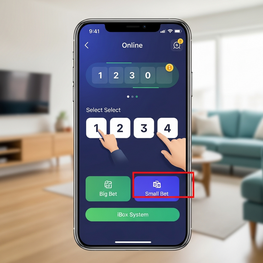 Illustrates the process of selecting 4D numbers and choosing bet types (Big, Small, iBox) on a mobile online platform, as described in the step-by-step guide.