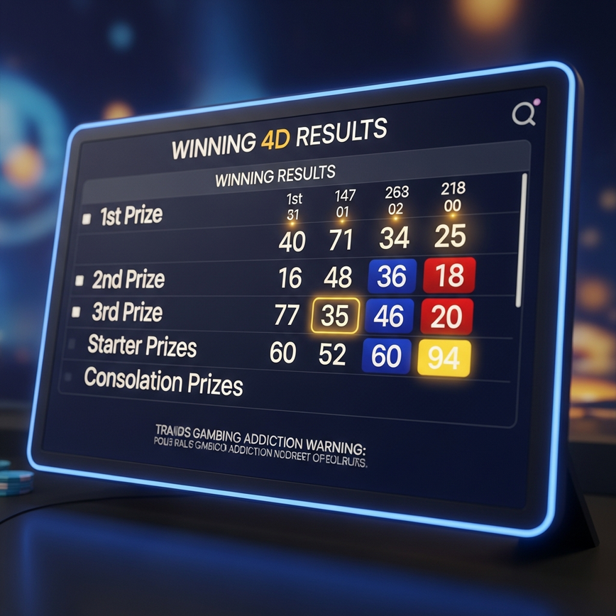 Visualizes the display of official 4D lottery results, emphasizing the winning numbers across different prize categories for easy checking.