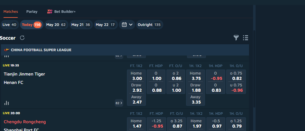 SABA Asian Handicap markets shown on China Super League match