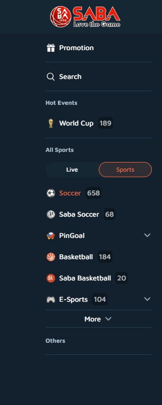 SABA Sports left navigation showing Promotion, Hot Events World Cup, Soccer 658, Saba Soccer 68, PinGoal, Basketball 184, E-Sports 104