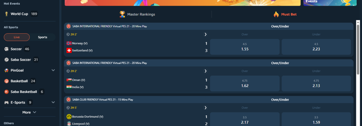 SABA Sports Promotion page inside iBET showing left navigation and live matches