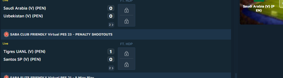 Saba Soccer virtual matches PES 23 Penalty Shootouts Saudi Arabia vs Uzbekistan and Tigres UANL vs Santos SP