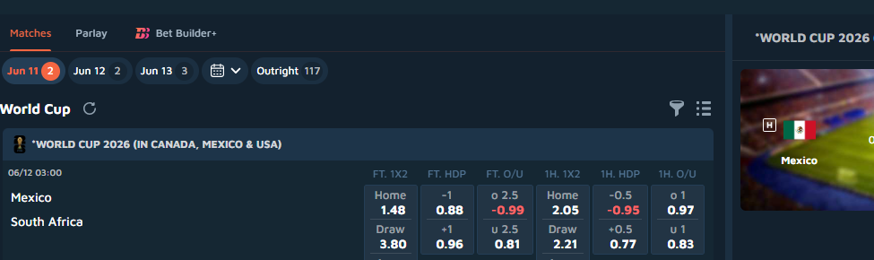 SABA World Cup 2026 hub fixtures with live and pre-match markets