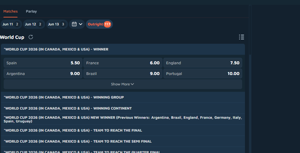 SABA World Cup 2026 outright futures showing tournament winner odds Spain 5.50, France 6.00, England 7.50, Argentina 9.00, Brazil 9.00, Portugal 10.00 and list of 117 outright markets