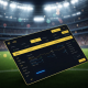 Dynamic online sports betting interface displaying live football odds and a virtual bet slip, set against a vibrant, blurred stadium background, representing premium Malaysian sports betting.