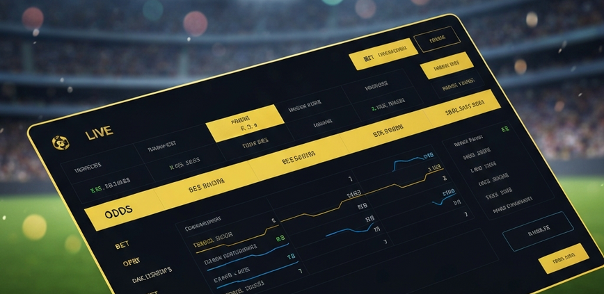Dynamic online sports betting interface displaying live football odds and a virtual bet slip, set against a vibrant, blurred stadium background, representing premium Malaysian sports betting.