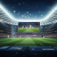Dynamic digital rendering of a futuristic football stadium with a large screen showing a live FIFA World Cup 2026 match, overlaid with abstract elements representing cost-effective streaming and savings in Malaysia.