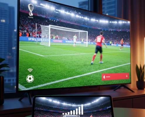A modern Smart TV and smartphone displaying a clear, high-definition live stream of a FIFA World Cup 2026 football match, symbolizing successful troubleshooting and uninterrupted viewing in Malaysia.