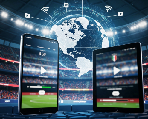 Dynamic image showing a smartphone and tablet displaying a football match, with a glowing digital globe and broadcast waves in the background, symbolizing the FIFA World Cup 2026 and multi-platform streaming in Malaysia.