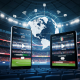 Dynamic image showing a smartphone and tablet displaying a football match, with a glowing digital globe and broadcast waves in the background, symbolizing the FIFA World Cup 2026 and multi-platform streaming in Malaysia.