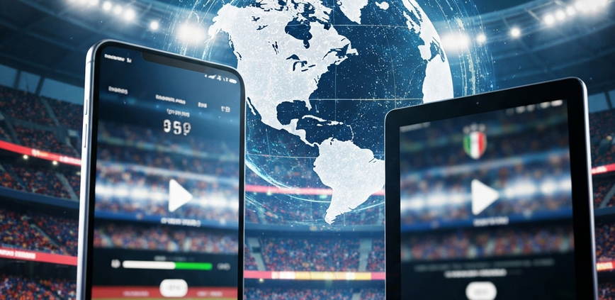 Dynamic image showing a smartphone and tablet displaying a football match, with a glowing digital globe and broadcast waves in the background, symbolizing the FIFA World Cup 2026 and multi-platform streaming in Malaysia.