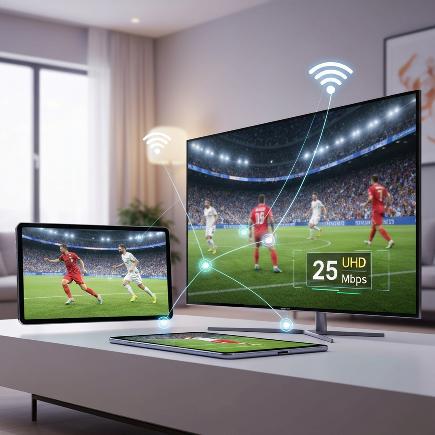 Visualizes the technical requirements and multi-device viewing experience for streaming the World Cup, highlighting internet speed and device compatibility.