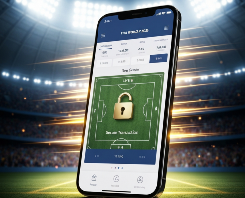 Premium mobile betting app interface on a smartphone, featuring FIFA World Cup 2026 football match odds, a secure padlock icon, and dynamic speed lines, set against a blurred stadium background.