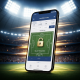 Premium mobile betting app interface on a smartphone, featuring FIFA World Cup 2026 football match odds, a secure padlock icon, and dynamic speed lines, set against a blurred stadium background.