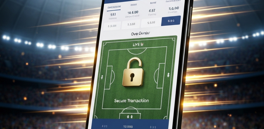 Premium mobile betting app interface on a smartphone, featuring FIFA World Cup 2026 football match odds, a secure padlock icon, and dynamic speed lines, set against a blurred stadium background.