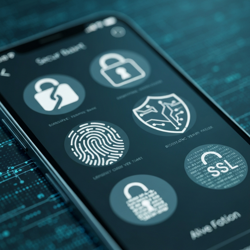 Illustrates the robust security features of the licensed mobile betting application, including advanced encryption, biometric verification, and data protection.