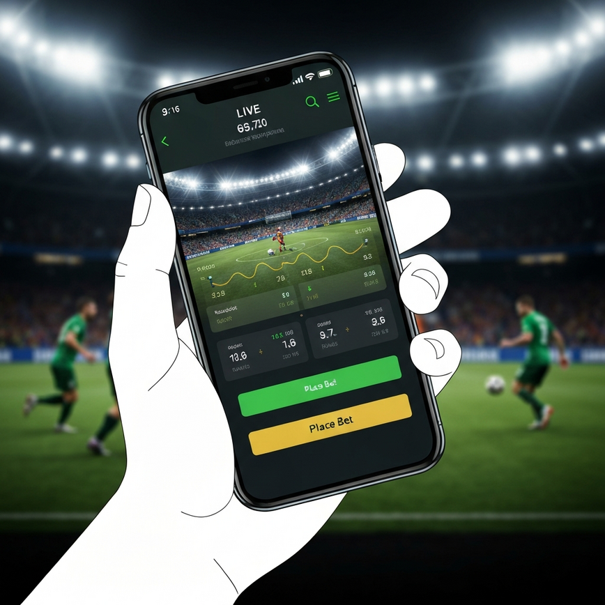 Showcases the immersive live betting experience and the convenience of the mobile app, specifically for football, highlighting mobile betting excellence.