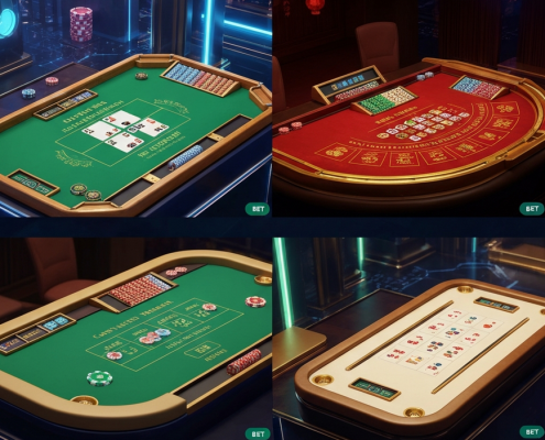 A multi-panel view of different live baccarat tables, representing diverse online casino providers, set within a sophisticated digital casino lobby interface, highlighting choices and premium gaming.