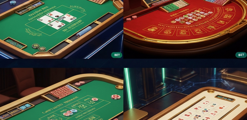 A multi-panel view of different live baccarat tables, representing diverse online casino providers, set within a sophisticated digital casino lobby interface, highlighting choices and premium gaming.