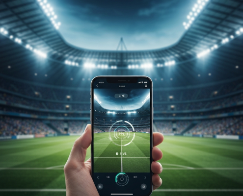 Dynamic image showing a grand football stadium blended with a sleek smartphone displaying a live FIFA World Cup 2026 match, representing Malaysian viewing options.