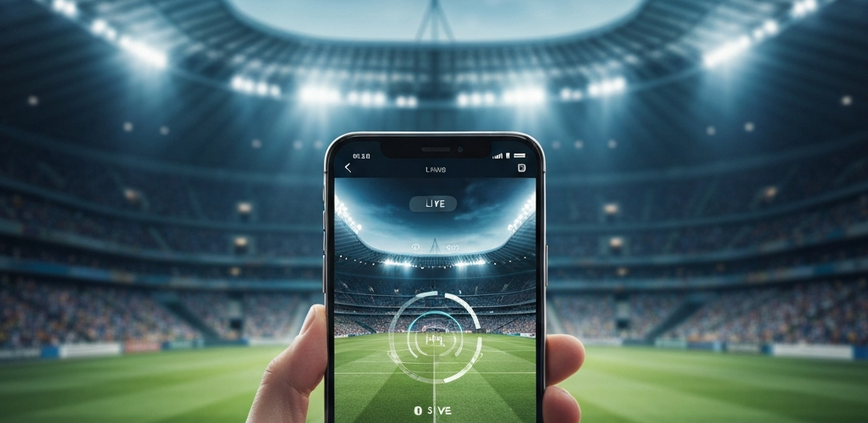 Dynamic image showing a grand football stadium blended with a sleek smartphone displaying a live FIFA World Cup 2026 match, representing Malaysian viewing options.