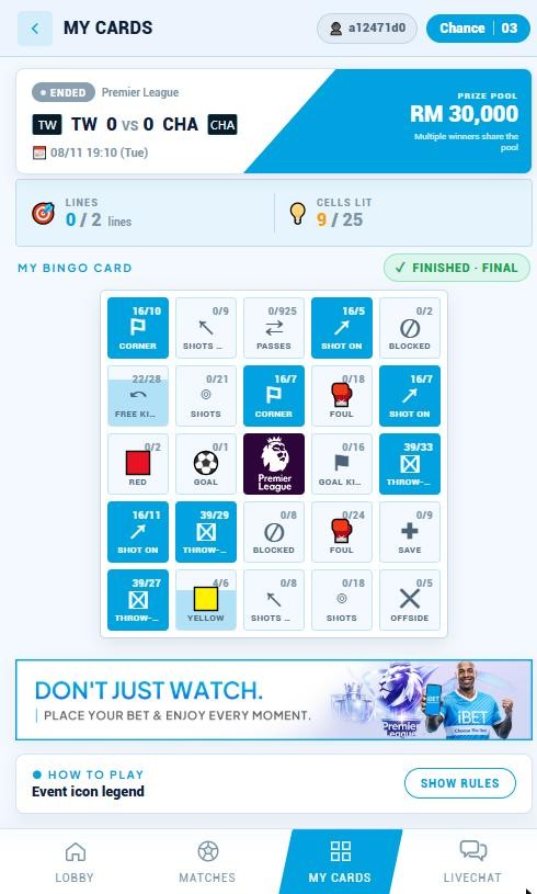 iFootball Bingo card showing lines and cells lit