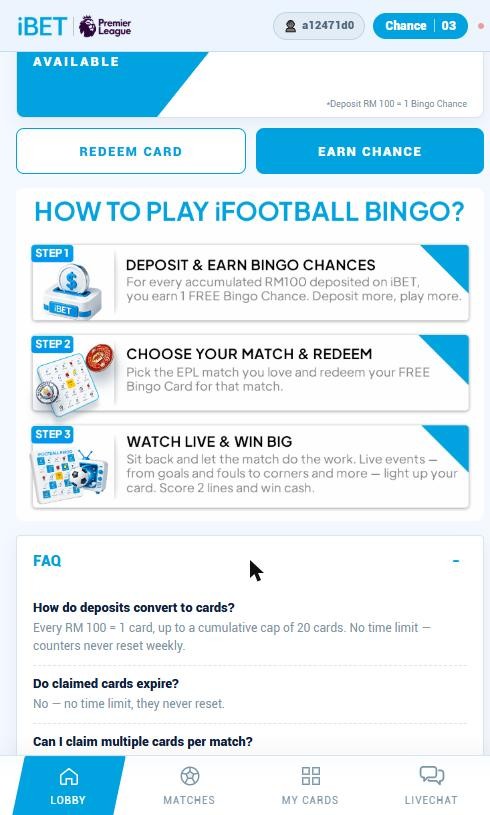iFootball Bingo in-app FAQ for the EPL 2026/27 season