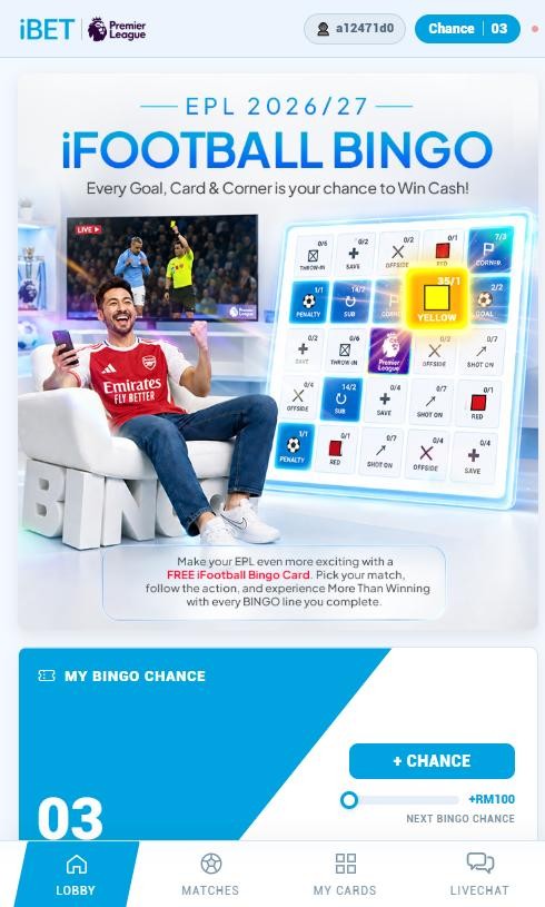 iFOOTBALL BINGO EPL 2026/27 lobby banner on ifootballbingo.com